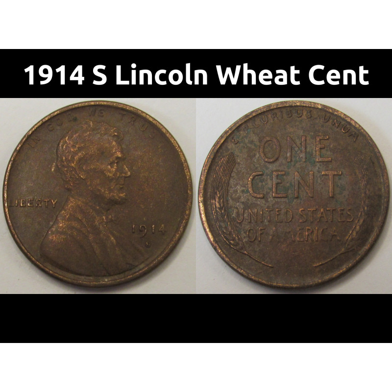 1914 S Lincoln Wheat Cent - antique semi-key date American wheat penny coin