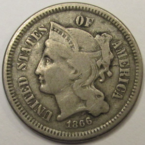 1866 Nickel Three Cents - antique post Civil War era odd demonimation coin