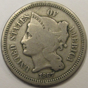 1867 Nickel Three Cents - antique Reconstruction era American odd denomination coin