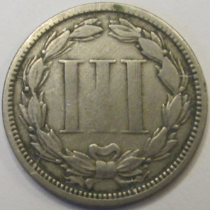 1867 Nickel Three Cents - antique Reconstruction era American odd denomination coin