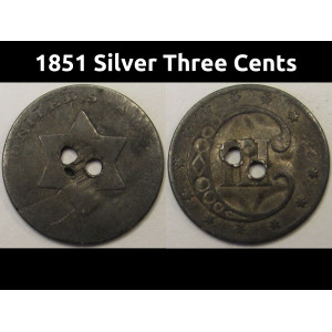 1851 Silver Three Cents - antique pre Civil War small silver coin