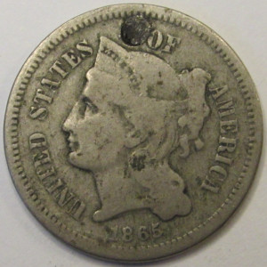 1865 Nickel Three Cents - antique Civil War three cent coin