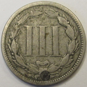 1865 Nickel Three Cents - antique Civil War three cent coin