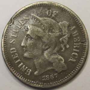 1867 Nickel Three Cents - antique Reconstruction era American odd denomination coin