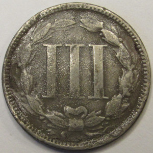 1867 Nickel Three Cents - antique Reconstruction era American odd denomination coin