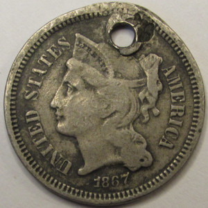 1867 Nickel Three Cents - antique American coin from Reconstruction era