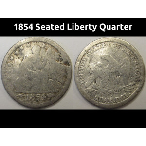 1854 Seated Liberty Quarter - antique pre Civil War American silver quarter