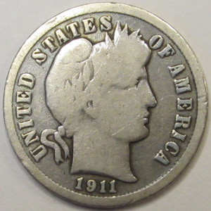 1911 Barber Dime - antique silver American dime
