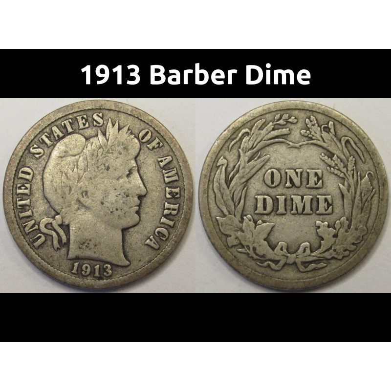1913 Barber Dime - old American silver dime coin