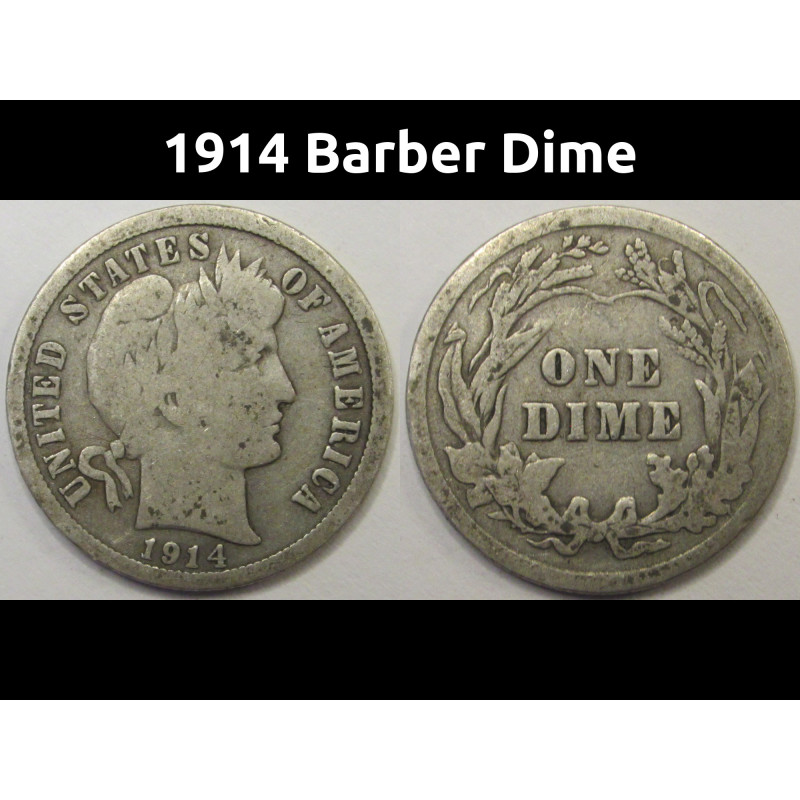 1914 Barber Dime - antique American silver coin