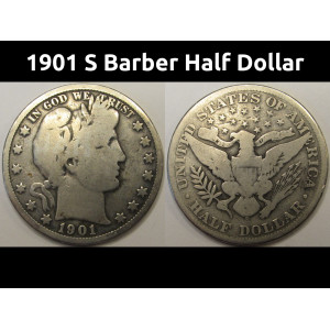 1901 S Barber Half Dollar - antique San Francisco mintmark lower mintage coin