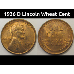 1936 D Lincoln Wheat Cent - antique Denver mintmark American wheat penny