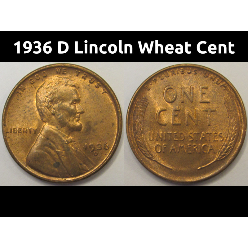 1936 D Lincoln Wheat Cent - antique Denver mintmark American wheat penny