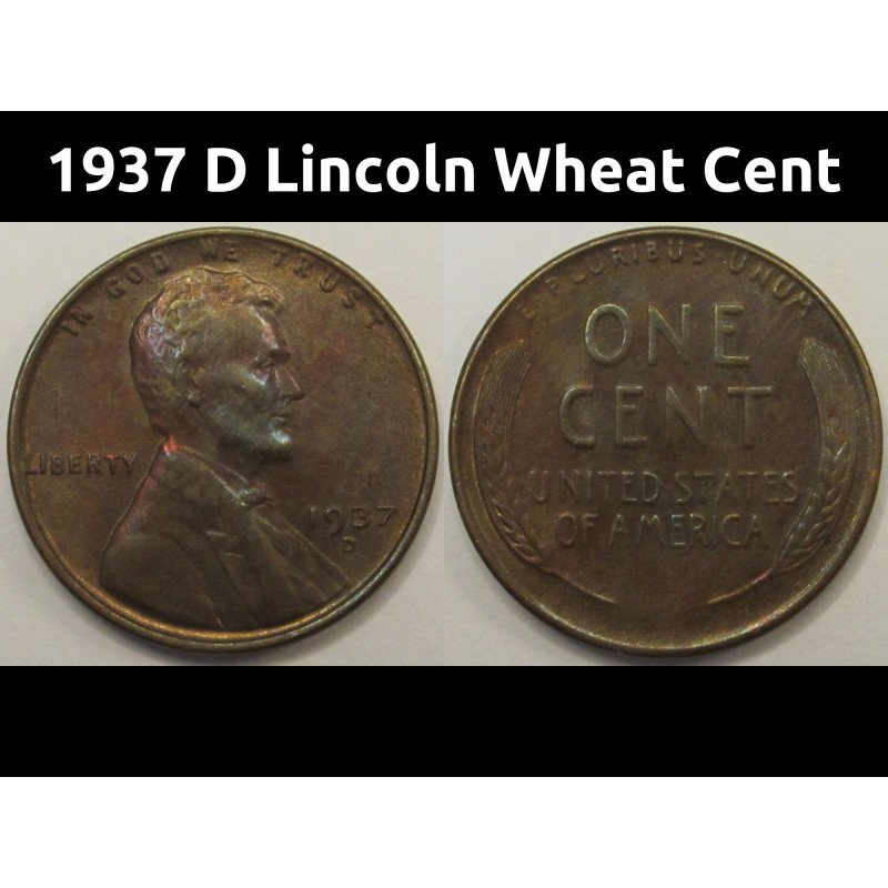 1937 D Lincoln Wheat Cent - antique Denver mintmark American wheat penny