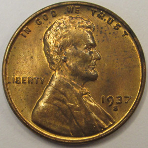 1937 S Lincoln Wheat Cent - antique uncirculated San Francisco mintmark wheat penny