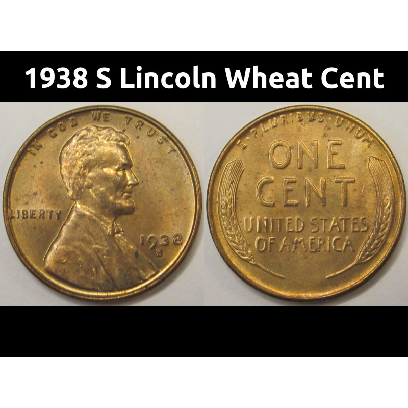1938 S Lincoln Wheat Cent - antique San Francisco mintmark wheat penny