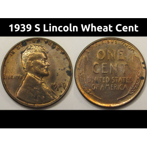 1939 S Lincoln Wheat Cent - antique San Francisco mintmark uncirculated penny