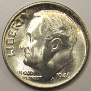 1946 S Roosevelt Dime - antique San Francisco mintmark toned silver dime