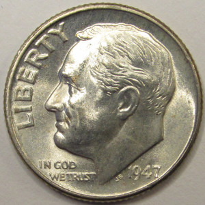 1947 D Roosevelt Dime - antique Denver mintmark American silver dime