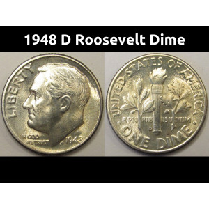 1948 D Roosevelt Dime - antique toned Denver mintmark silver dime