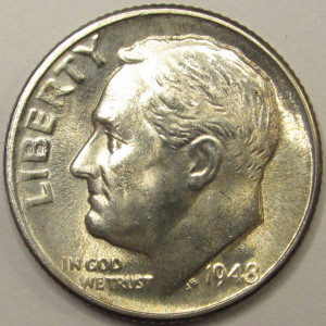 1948 D Roosevelt Dime - antique toned Denver mintmark silver dime