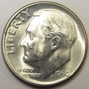 1950 D Roosevelt Dime - uncirculated Denver mintmark American silver dime