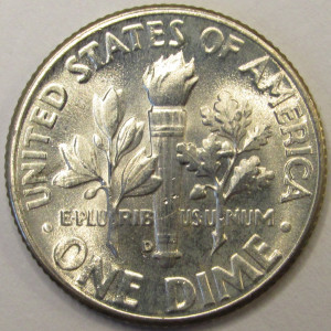 1950 D Roosevelt Dime - uncirculated Denver mintmark American silver dime