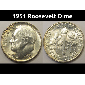 1951 Roosevelt Dime - antique toned American silver dime