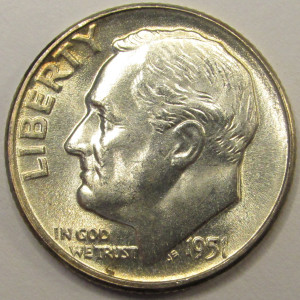 1951 Roosevelt Dime - antique toned American silver dime
