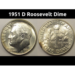 1951 D Roosevelt Dime - antique Denver mintmark silver dime