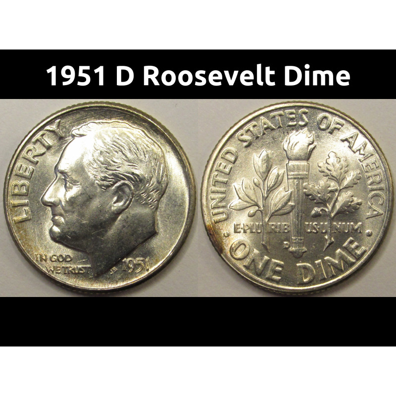 1951 D Roosevelt Dime - antique Denver mintmark silver dime