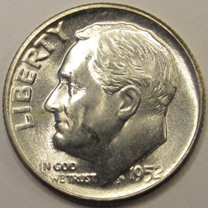 1952 Roosevelt Dime - antique fifties American silver dime