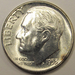 1953 Roosevelt Dime - antique silver American dime