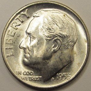 1953 D Roosevelt Dime - antique Denver mintmark American silver dime