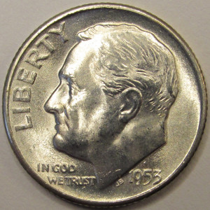 1953 S Roosevelt Dime - antique San Francisco mintmark American dime