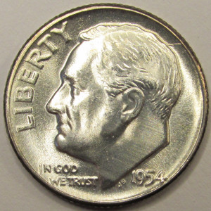 1954 Roosevelt Dime - antique high grade American silver dime