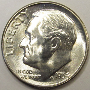 1954 S Roosevelt Dime - antique high grade uncirculated silver dime