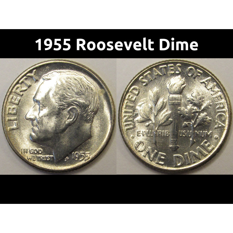 1955 Roosevelt Dime - antique American silver dime