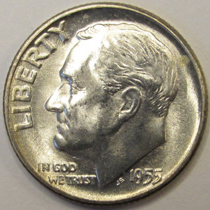 1955 Roosevelt Dime - antique American silver dime
