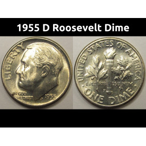 1955 D Roosevelt Dime - antique toned Denver mintmark silver dime