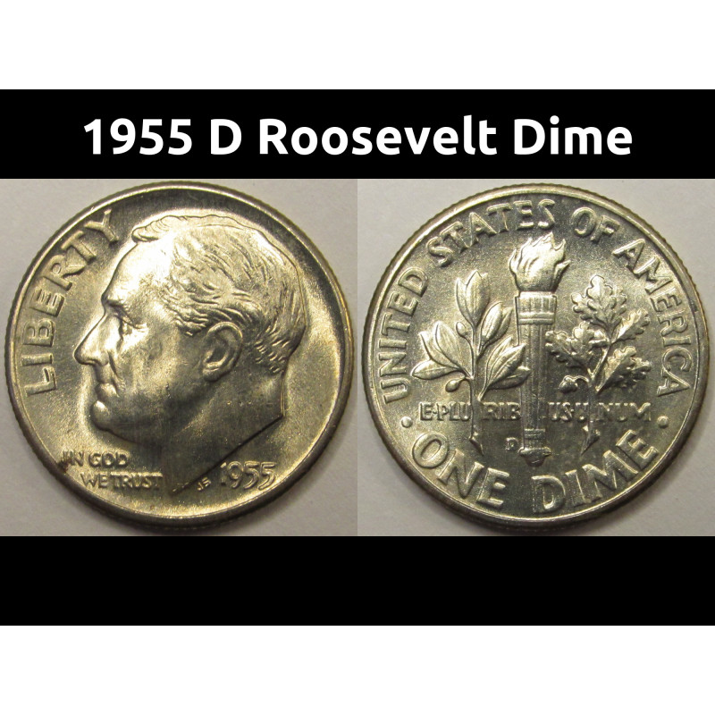 1955 D Roosevelt Dime - antique toned Denver mintmark silver dime