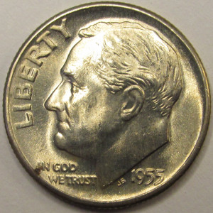 1955 D Roosevelt Dime - antique toned Denver mintmark silver dime