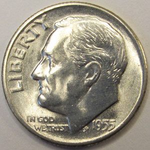 1955 S Roosevelt Dime - antique San Francisco mintmark silver dime
