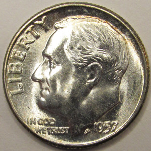 1957 Roosevelt Dime - antique silver American dime