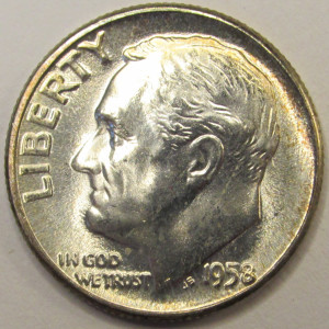 1958 Roosevelt Dime - antique toned American silver dime