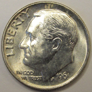 1961 Roosevelt Dime - antique American silver dime