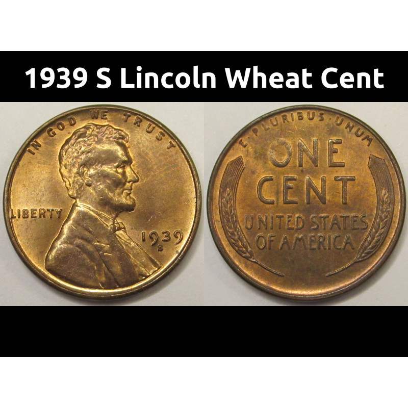 1939 S Lincoln Wheat Cent - antique San Francisco mintmark uncirculated penny