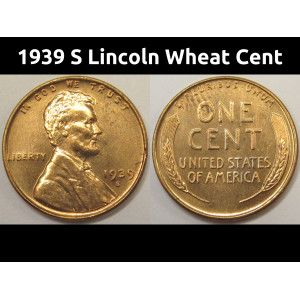 1939 S Lincoln Wheat Cent - antique San Francisco mintmark wheat penny