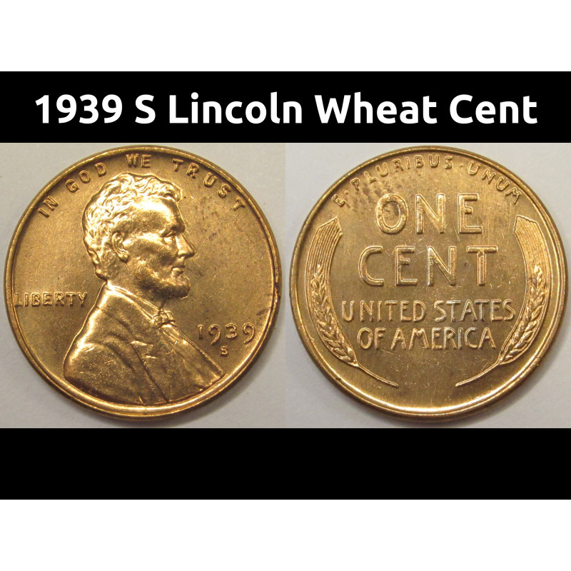 1939 S Lincoln Wheat Cent - antique San Francisco mintmark wheat penny