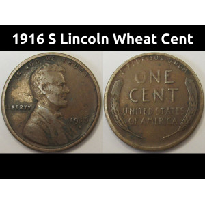 1916 S Lincoln Wheat Cent - antique San Francisco mintmark penny